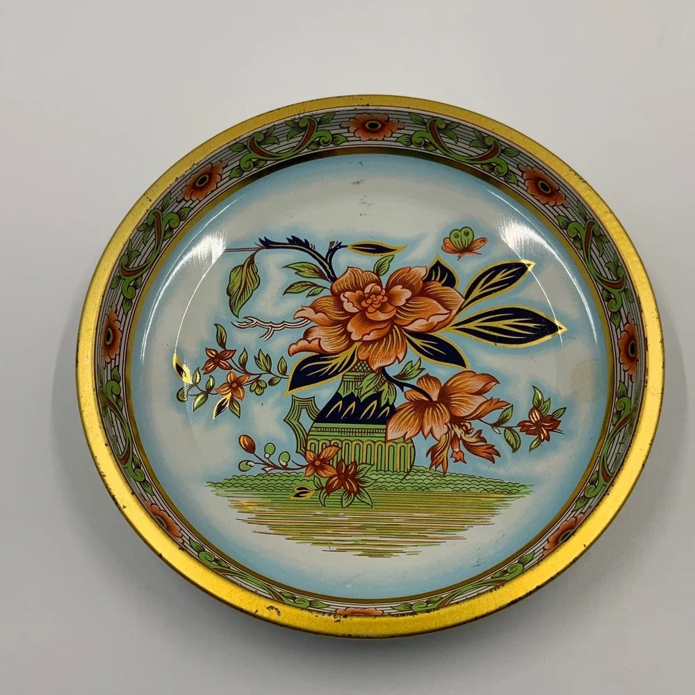 Vintage Daher Decorated Ware Tin Plate Floral Butterfly Gold Rim Made in England